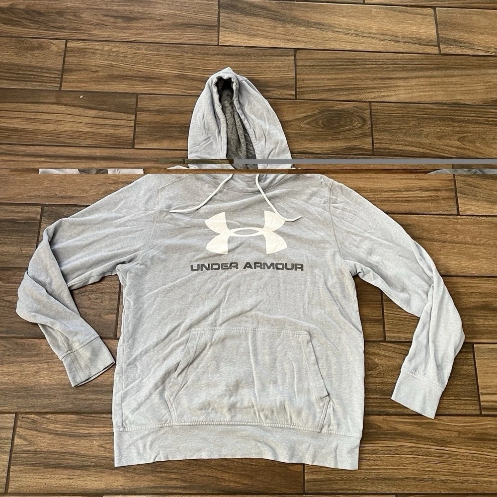 Under Armour Hoodie Mens Large Gray Big Logo Pullover Sweatshirt Loose Fit